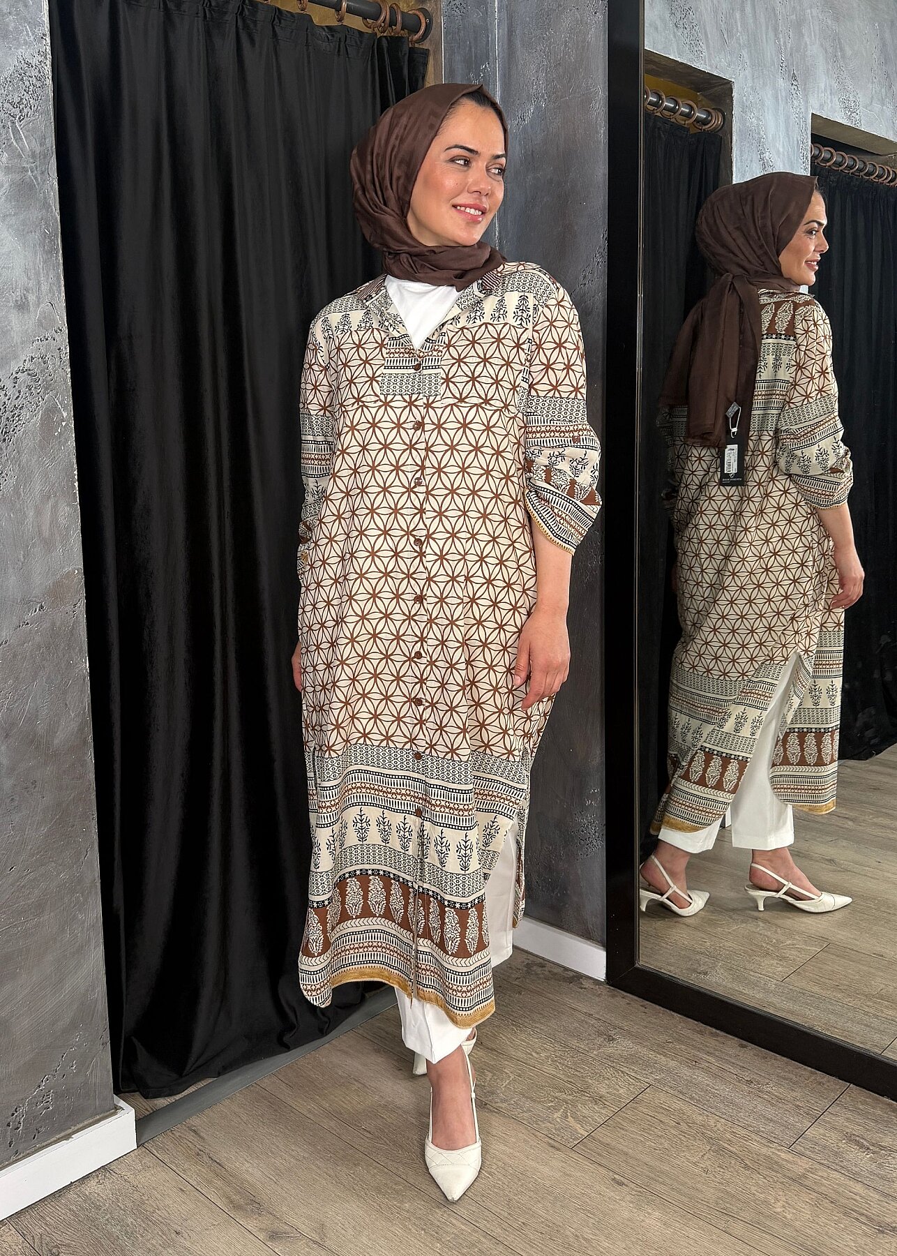 Nazlınur Collection Çift Cepli Çiçekli Elbise KAHVE - 7