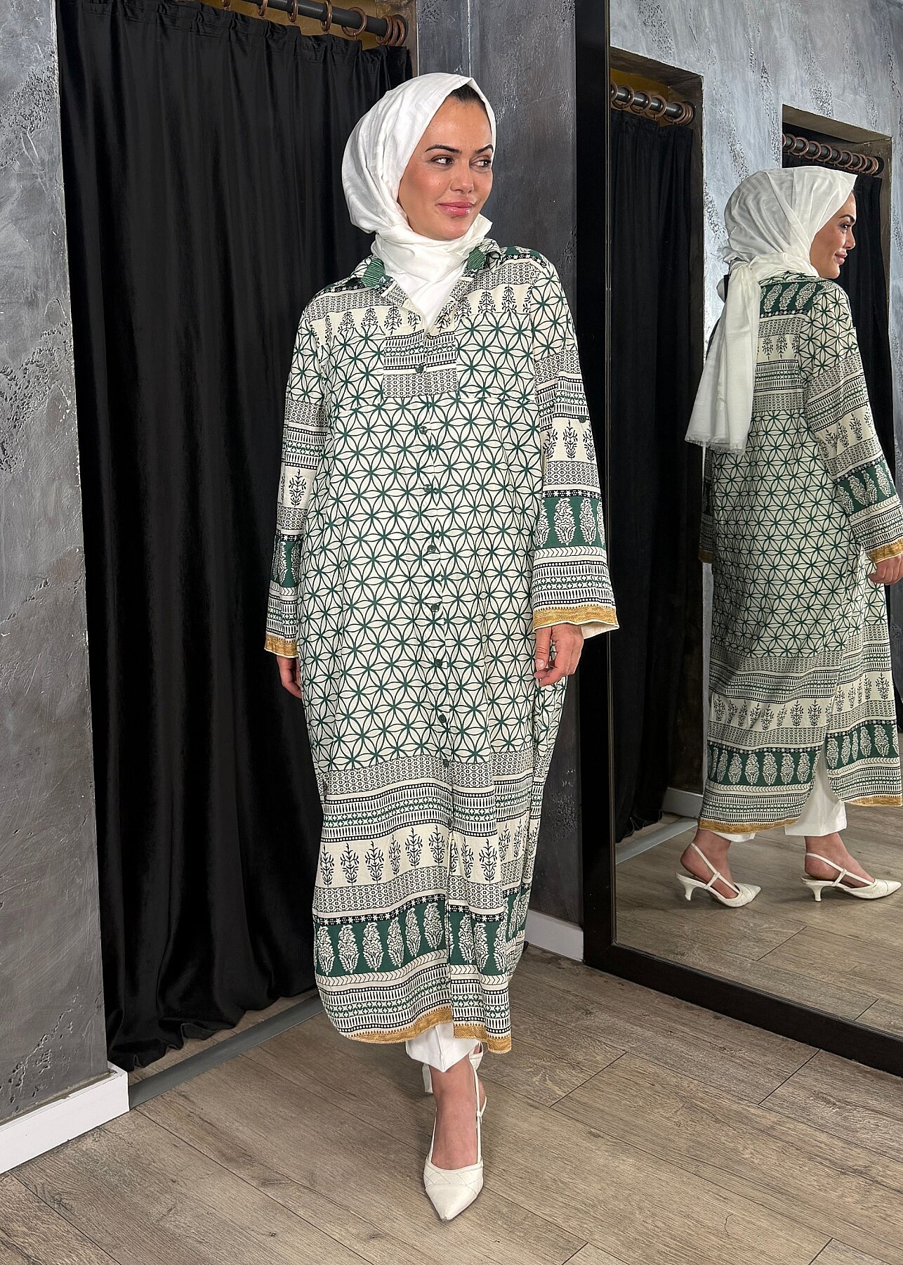 Nazlınur Collection Çift Cepli Çiçekli Elbise YEŞİL - 3