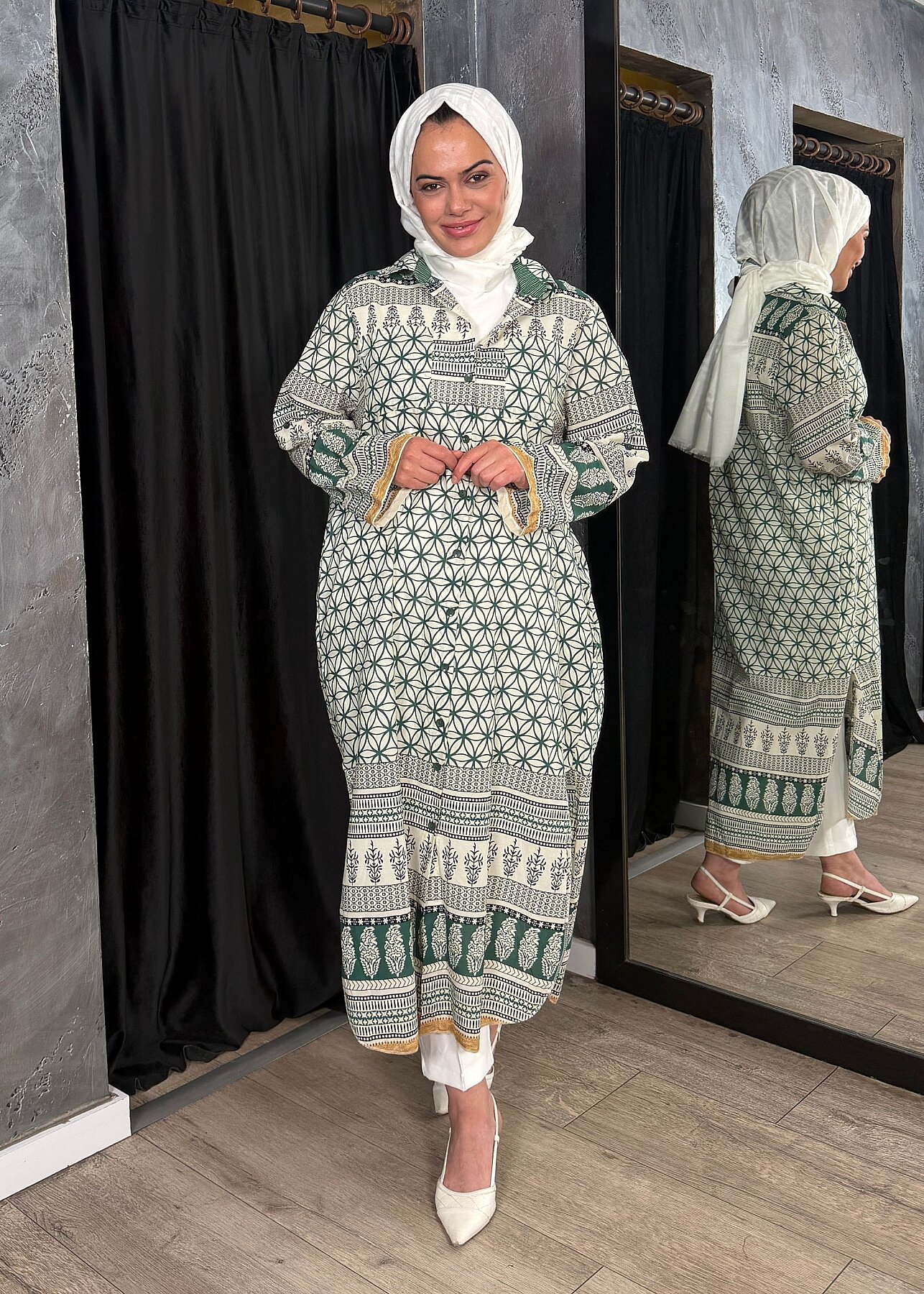 Nazlınur Collection Çift Cepli Çiçekli Elbise YEŞİL - 4