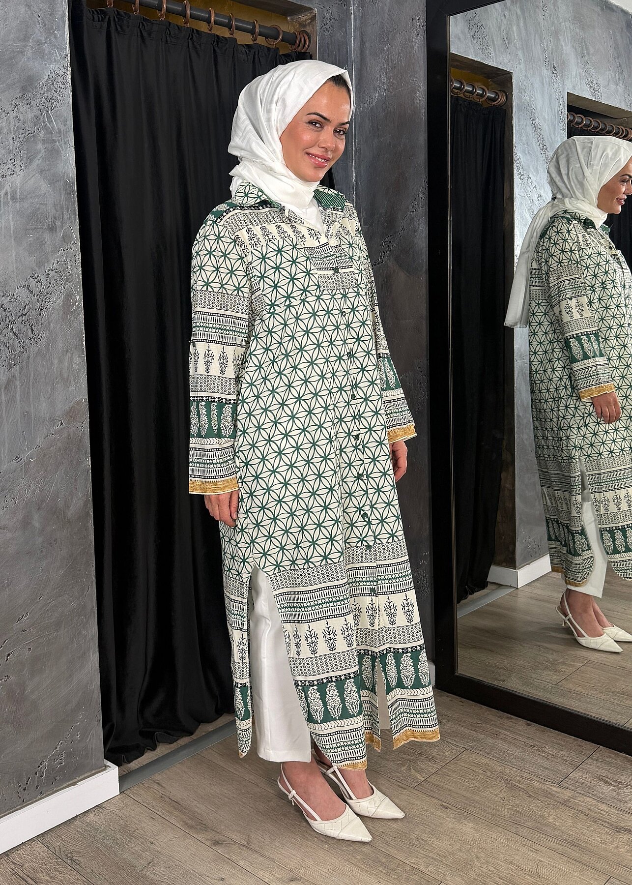 Nazlınur Collection Çift Cepli Çiçekli Elbise YEŞİL - 5