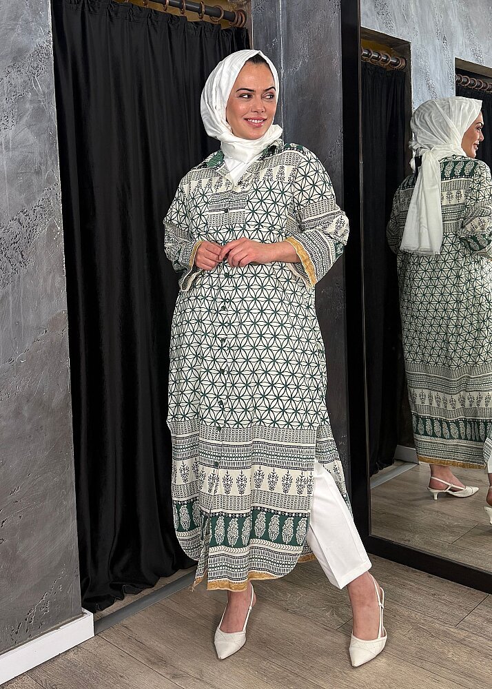 Nazlınur Collection Çift Cepli Çiçekli Elbise YEŞİL - 7