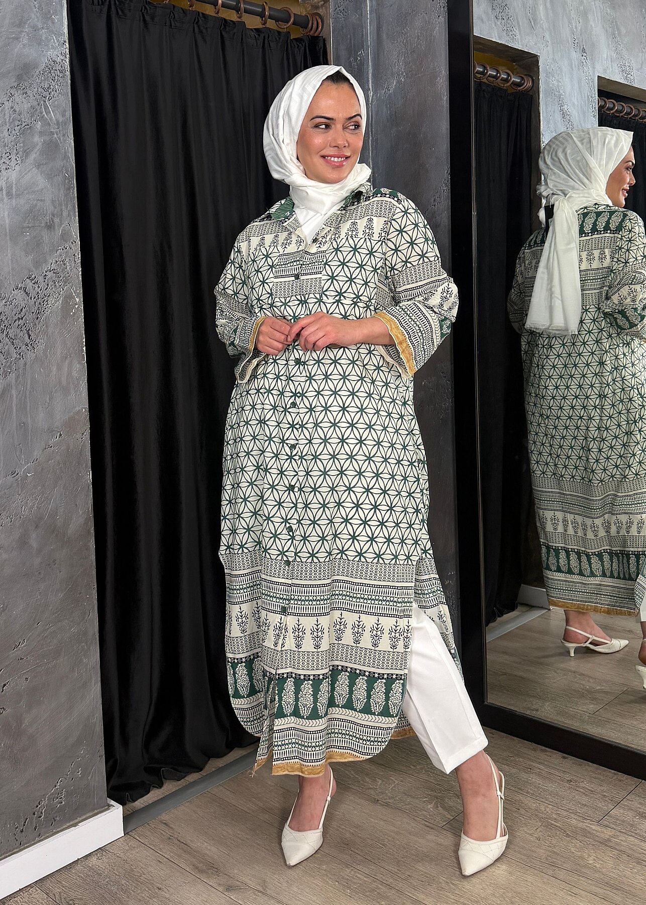 Nazlınur Collection Çift Cepli Çiçekli Elbise YEŞİL - 7