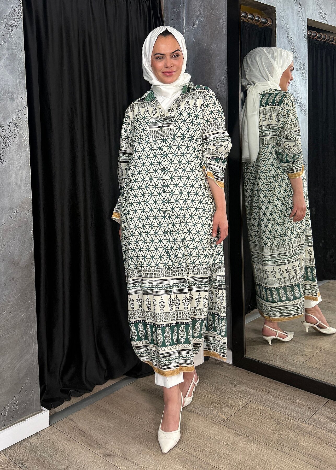Nazlınur Collection Çift Cepli Çiçekli Elbise YEŞİL - 9