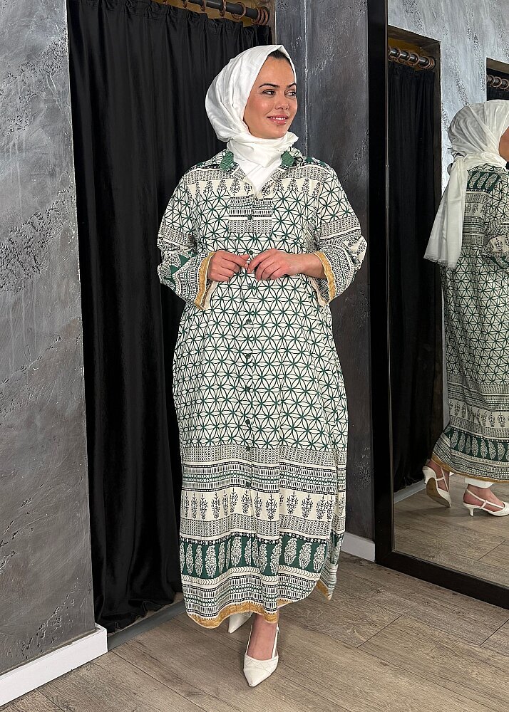 Nazlınur Collection Çift Cepli Çiçekli Elbise YEŞİL