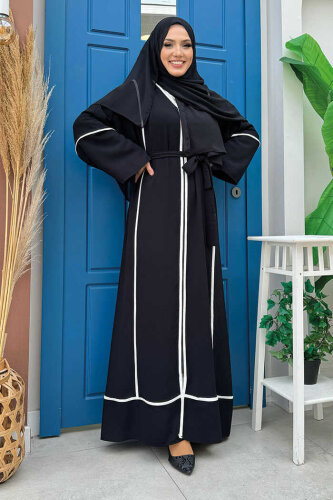 Nazlınur Collection Çizgi Detaylı Ferace SİYAH