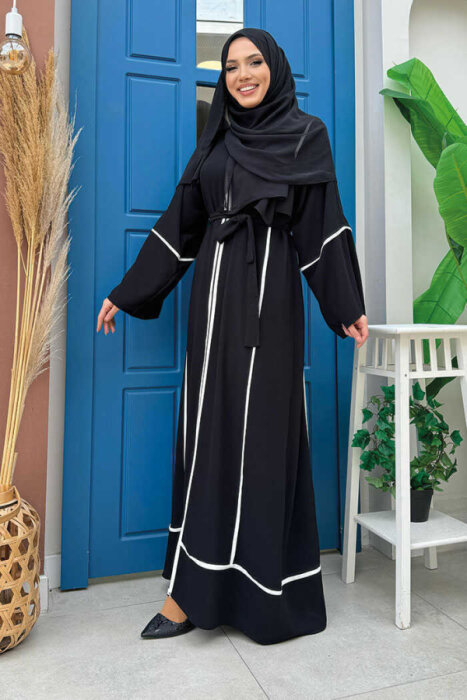 Nazlınur Collection Çizgi Detaylı Ferace SİYAH - 2