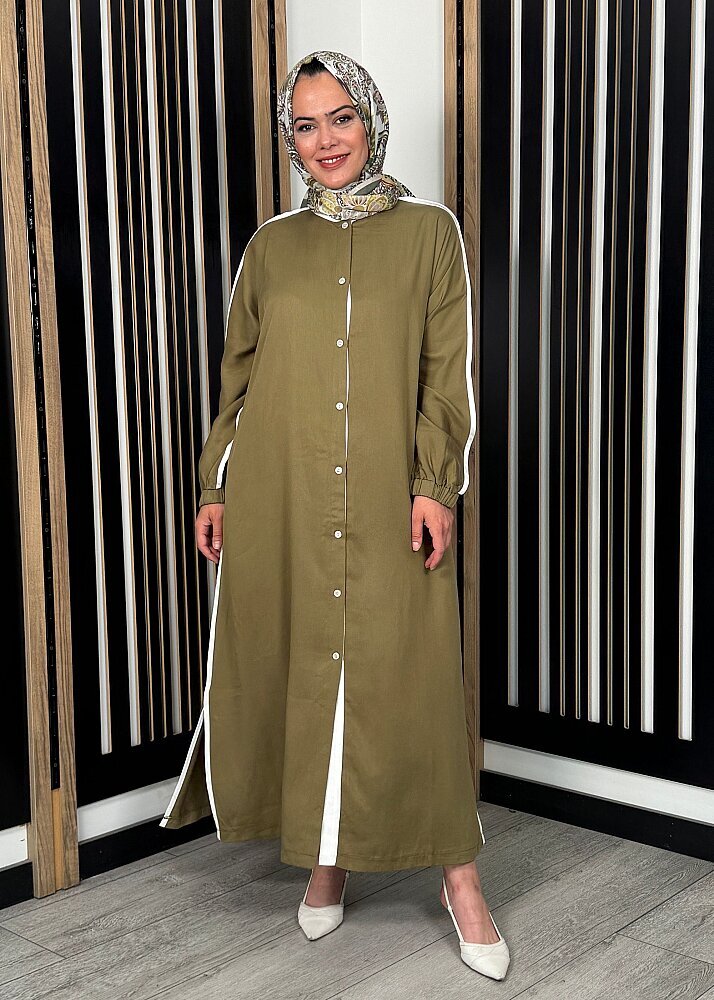 Nazlınur Collection Çizgi Detaylı Yanları Yırtmaçlı Kap HAKİ - 3