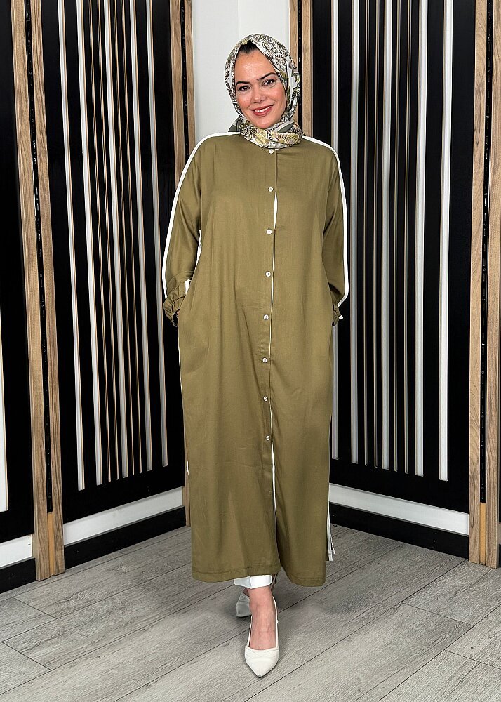 Nazlınur Collection Çizgi Detaylı Yanları Yırtmaçlı Kap HAKİ - 4