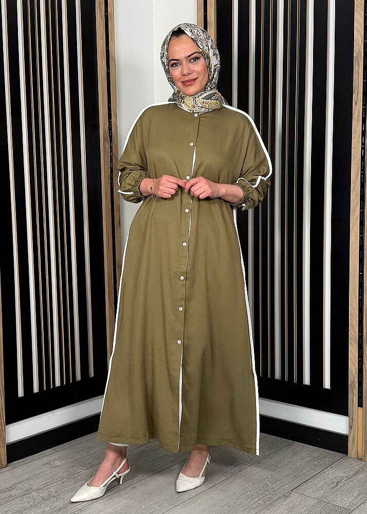 Nazlınur Collection Çizgi Detaylı Yanları Yırtmaçlı Kap HAKİ