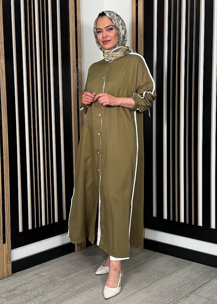 Nazlınur Collection Çizgi Detaylı Yanları Yırtmaçlı Kap HAKİ - 7