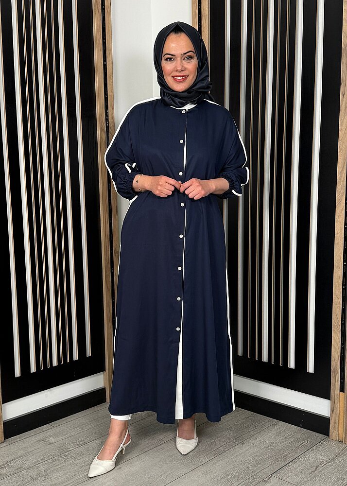 Nazlınur Collection Çizgi Detaylı Yanları Yırtmaçlı Kap LACİVERT
