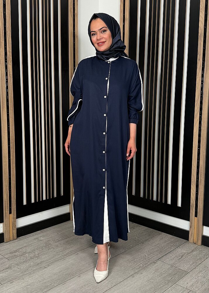 Nazlınur Collection Çizgi Detaylı Yanları Yırtmaçlı Kap LACİVERT - 2