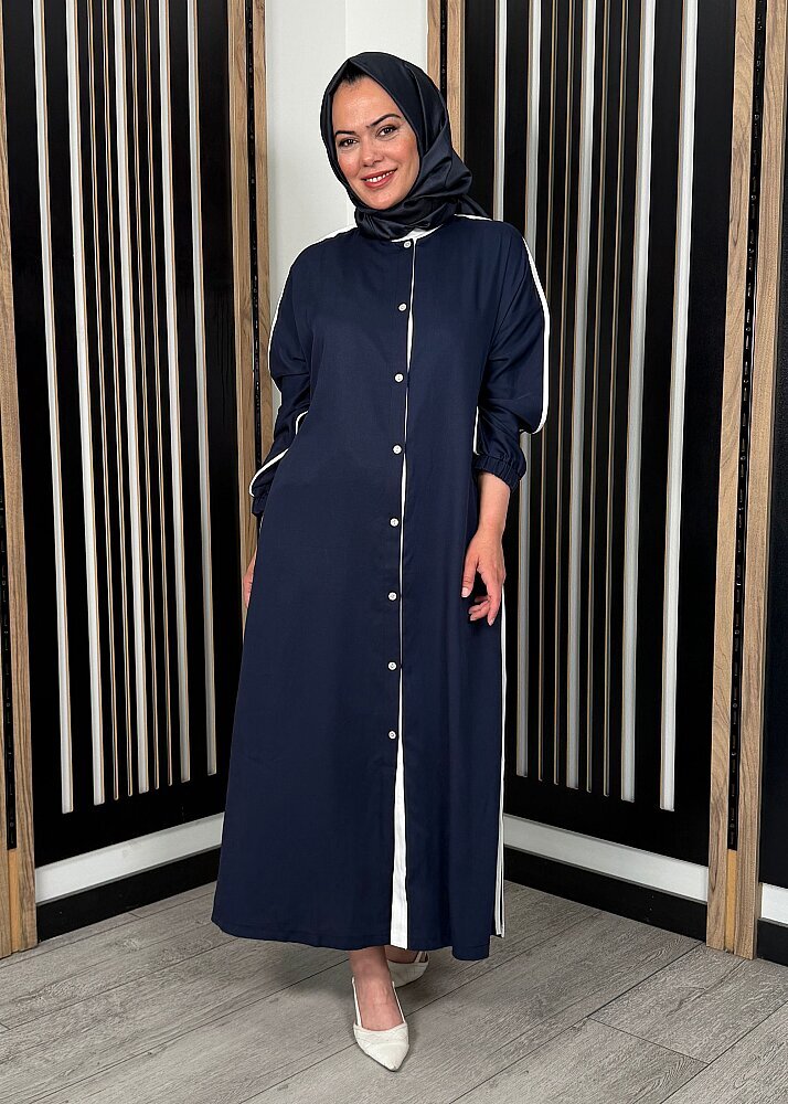 Nazlınur Collection Çizgi Detaylı Yanları Yırtmaçlı Kap LACİVERT - 5