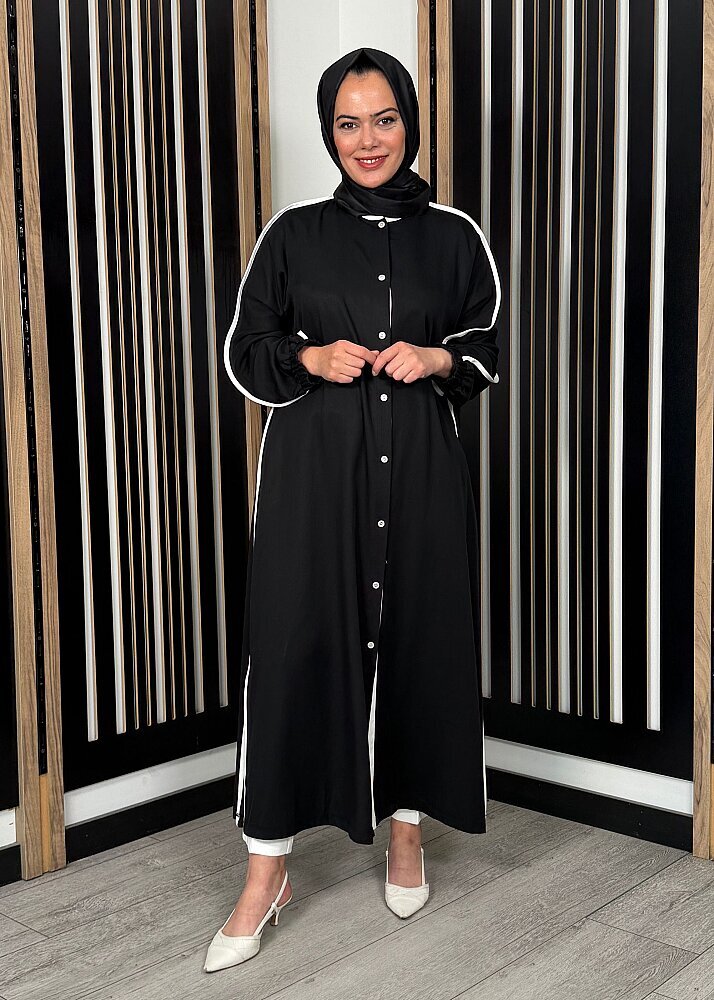 Nazlınur Collection Çizgi Detaylı Yanları Yırtmaçlı Kap SİYAH