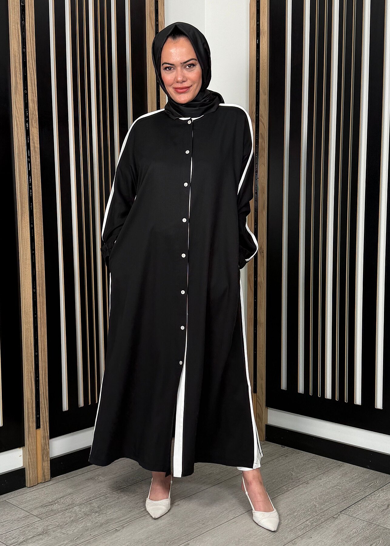 Nazlınur Collection Çizgi Detaylı Yanları Yırtmaçlı Kap SİYAH - 3