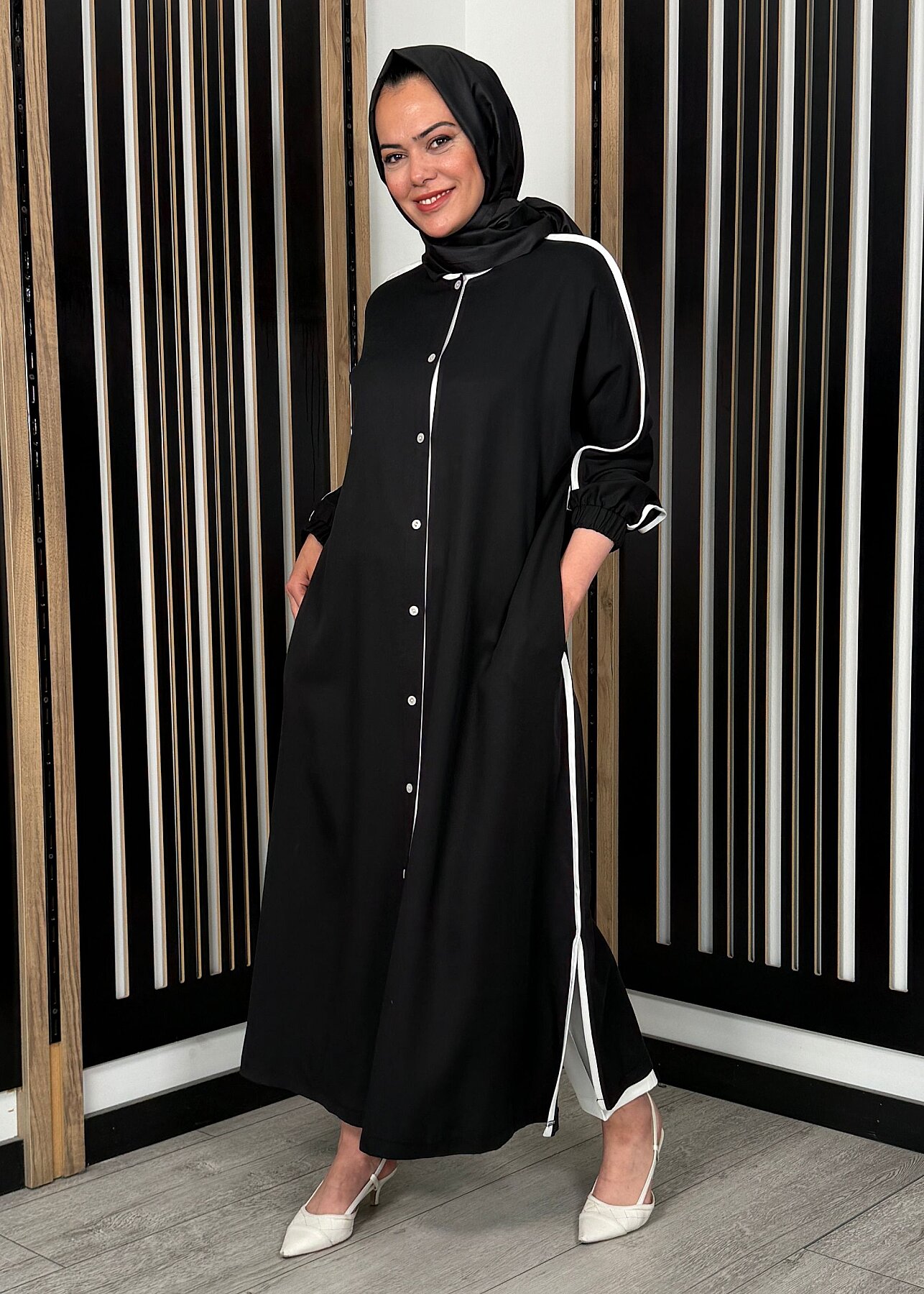 Nazlınur Collection Çizgi Detaylı Yanları Yırtmaçlı Kap SİYAH - 6