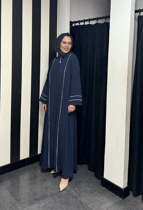 Nazlınur Collection Çizgili Fermuarlı Ferace LACİVERT - 3