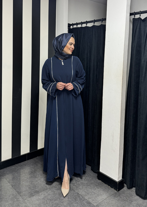 Nazlınur Collection Çizgili Fermuarlı Ferace LACİVERT - 1