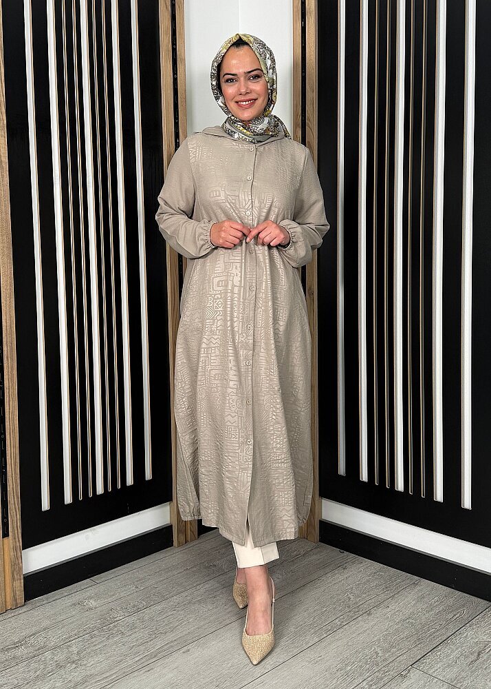 Nazlınur Collection Kendinden Desenli Kapüşonlu Düğmeli Kap TAŞ