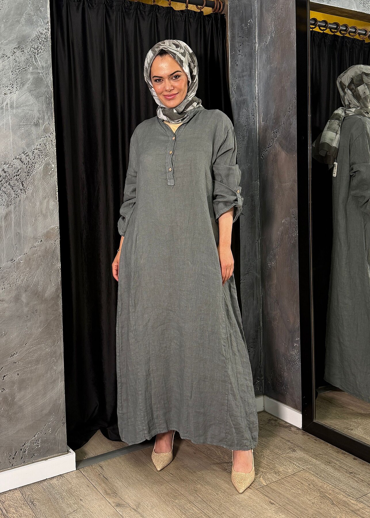 Nazlınur Collection Keten Elbise GRİ - 2