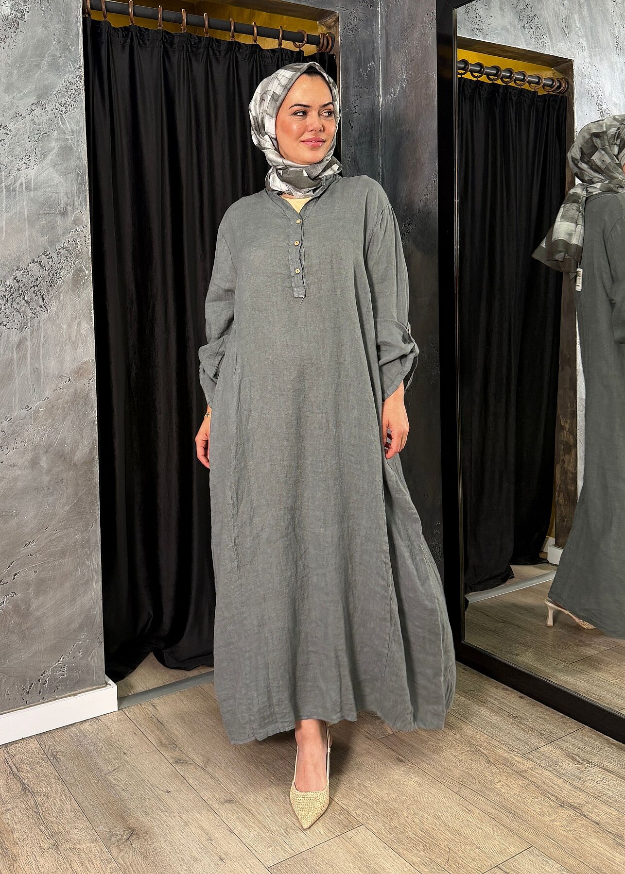 Nazlınur Collection Keten Elbise GRİ - 3