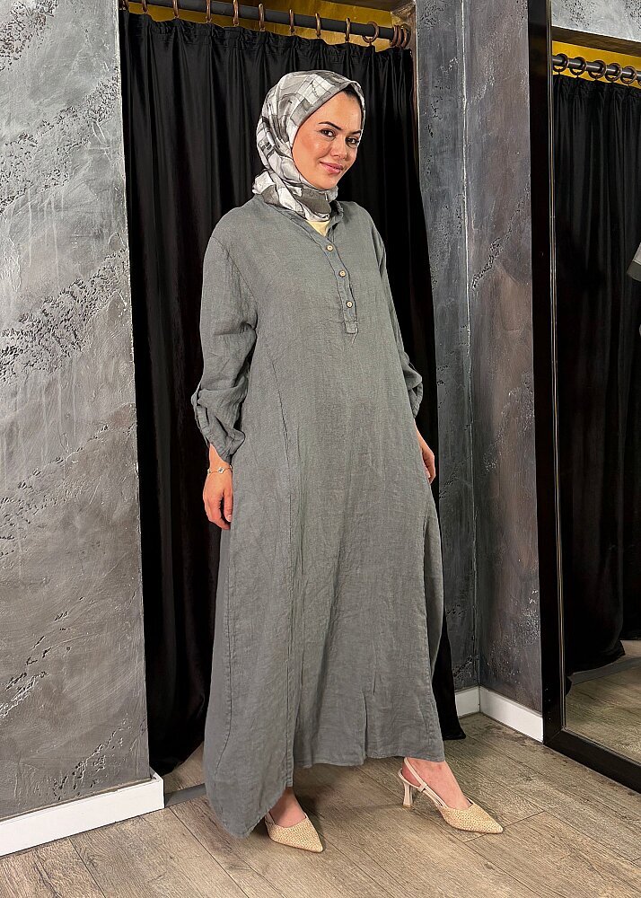 Nazlınur Collection Keten Elbise GRİ - 4