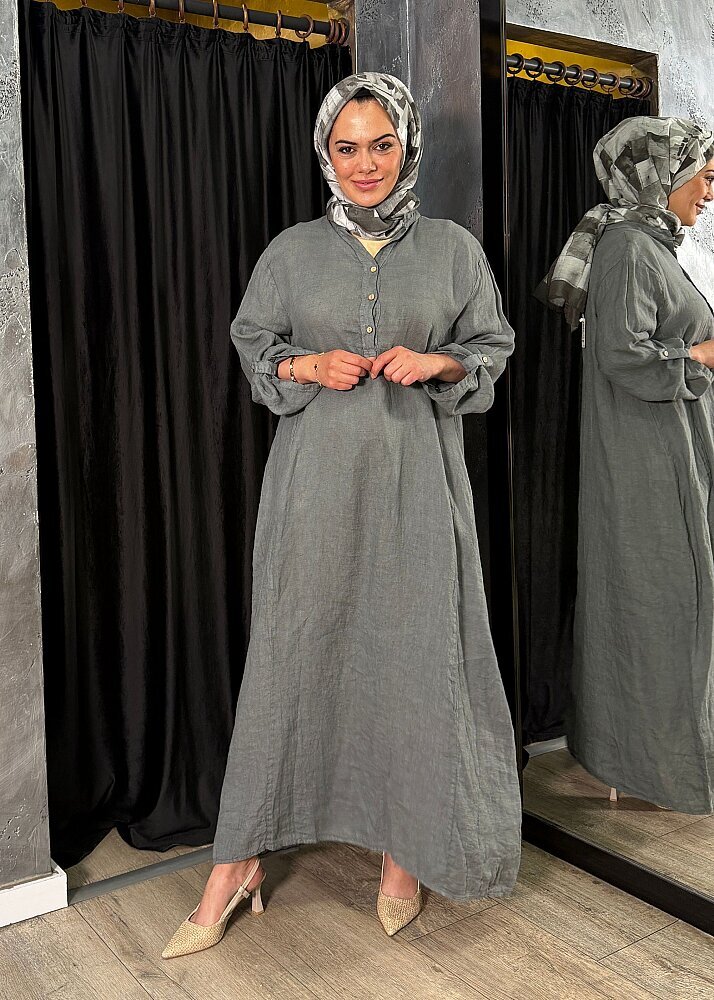 Nazlınur Collection Keten Elbise GRİ - 6