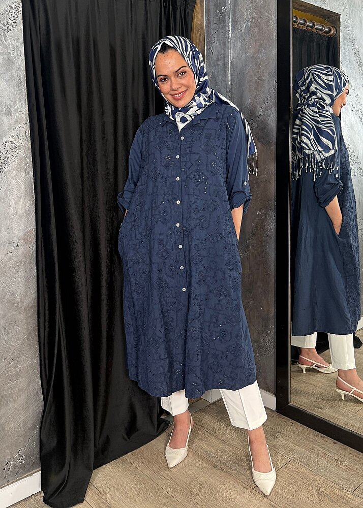 Nazlınur Collection Keten Elbise İşlemeli LACİVERT - 2