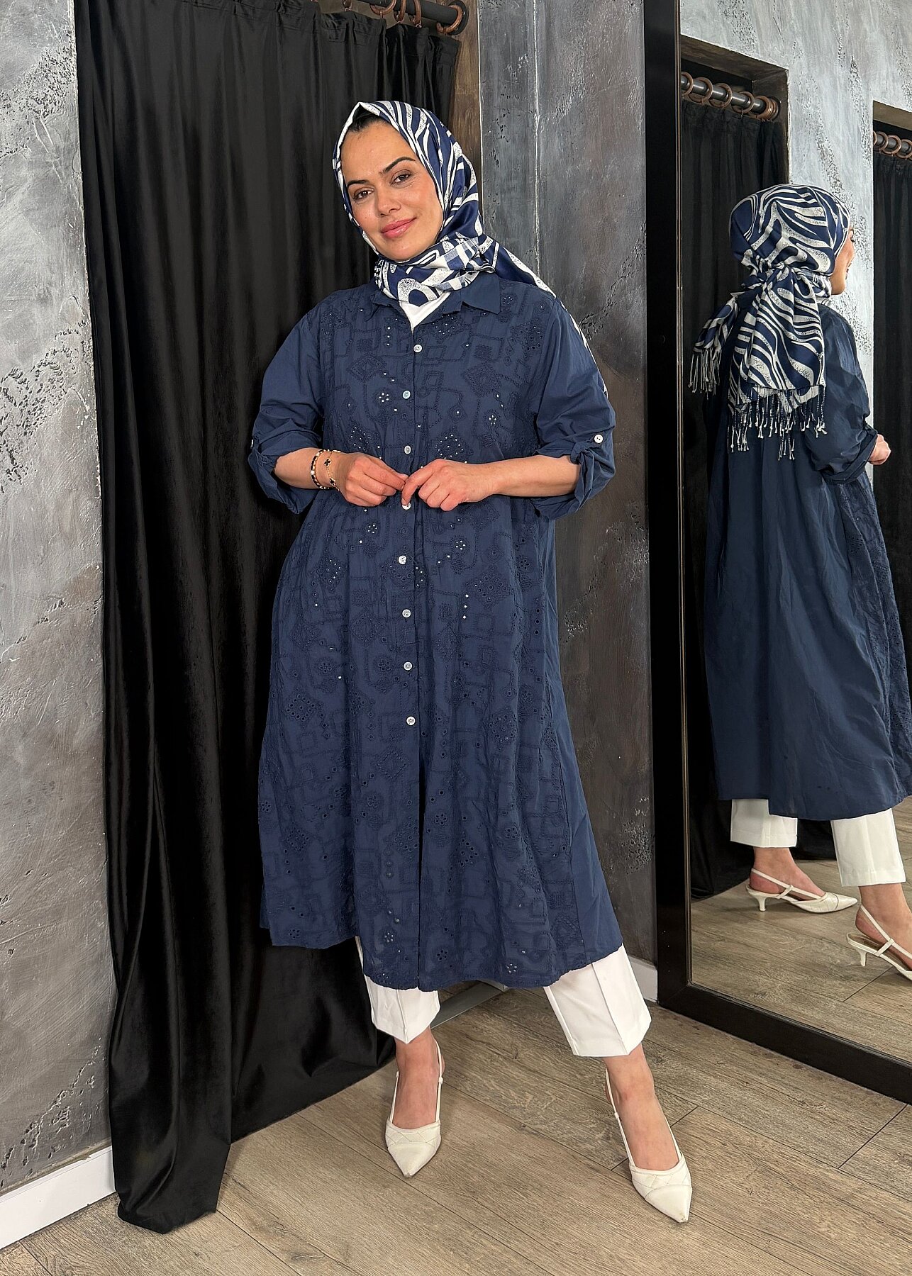 Nazlınur Collection Keten Elbise İşlemeli LACİVERT - 6