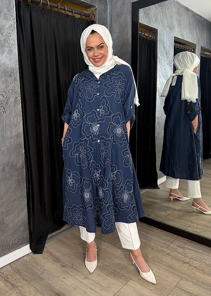 Nazlınur Collection Çiçek İşlemeli Keten Elbise LACİVERT - 2