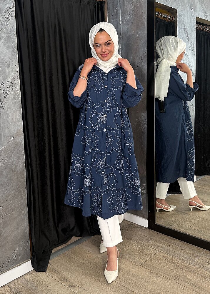 Nazlınur Collection Çiçek İşlemeli Keten Elbise LACİVERT - 4