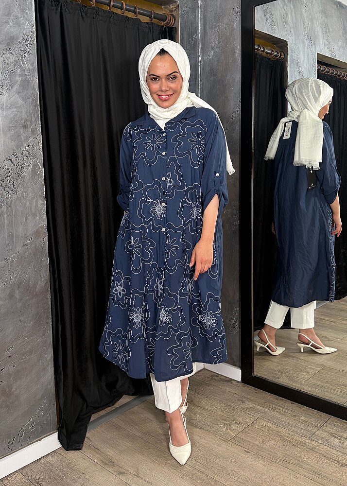 Nazlınur Collection Çiçek İşlemeli Keten Elbise LACİVERT