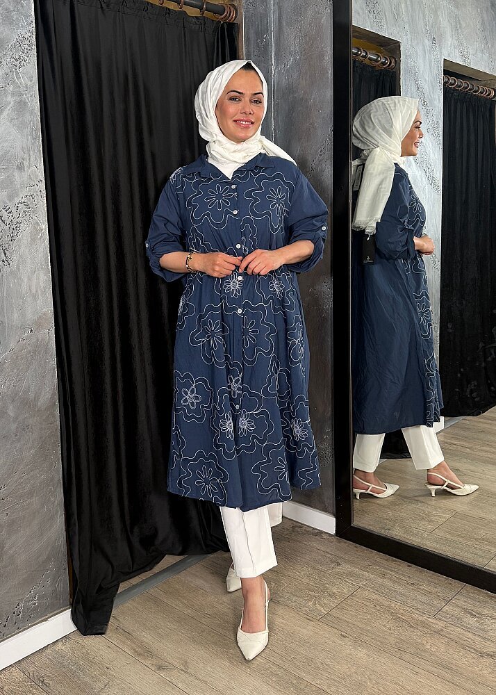 Nazlınur Collection Çiçek İşlemeli Keten Elbise LACİVERT - 5