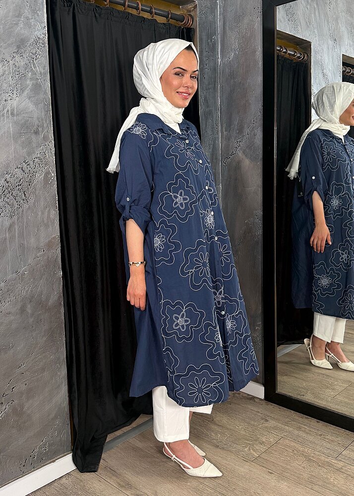 Nazlınur Collection Çiçek İşlemeli Keten Elbise LACİVERT - 6