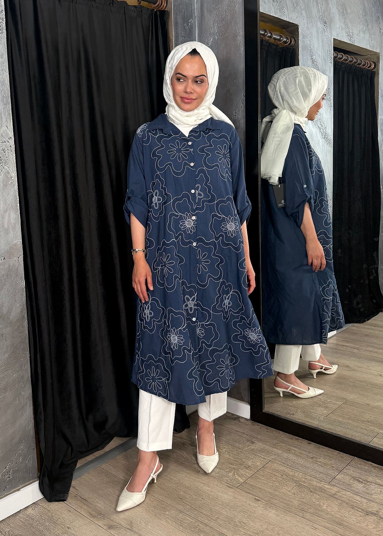 Nazlınur Collection Çiçek İşlemeli Keten Elbise LACİVERT - 7