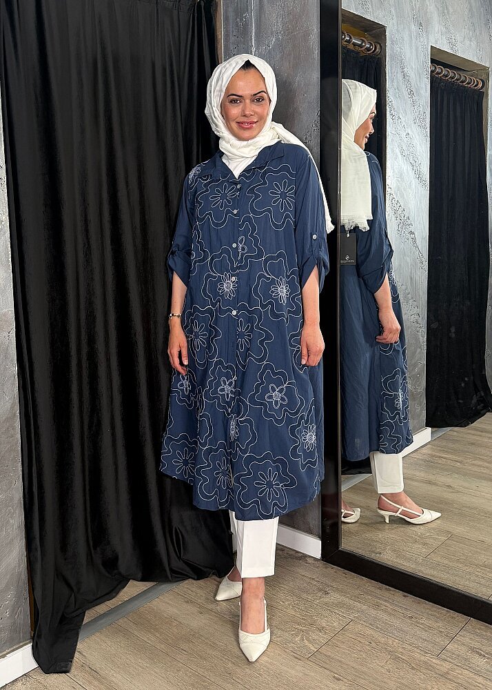 Nazlınur Collection Çiçek İşlemeli Keten Elbise LACİVERT - 9