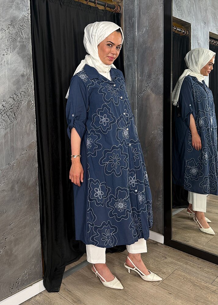Nazlınur Collection Çiçek İşlemeli Keten Elbise LACİVERT - 10