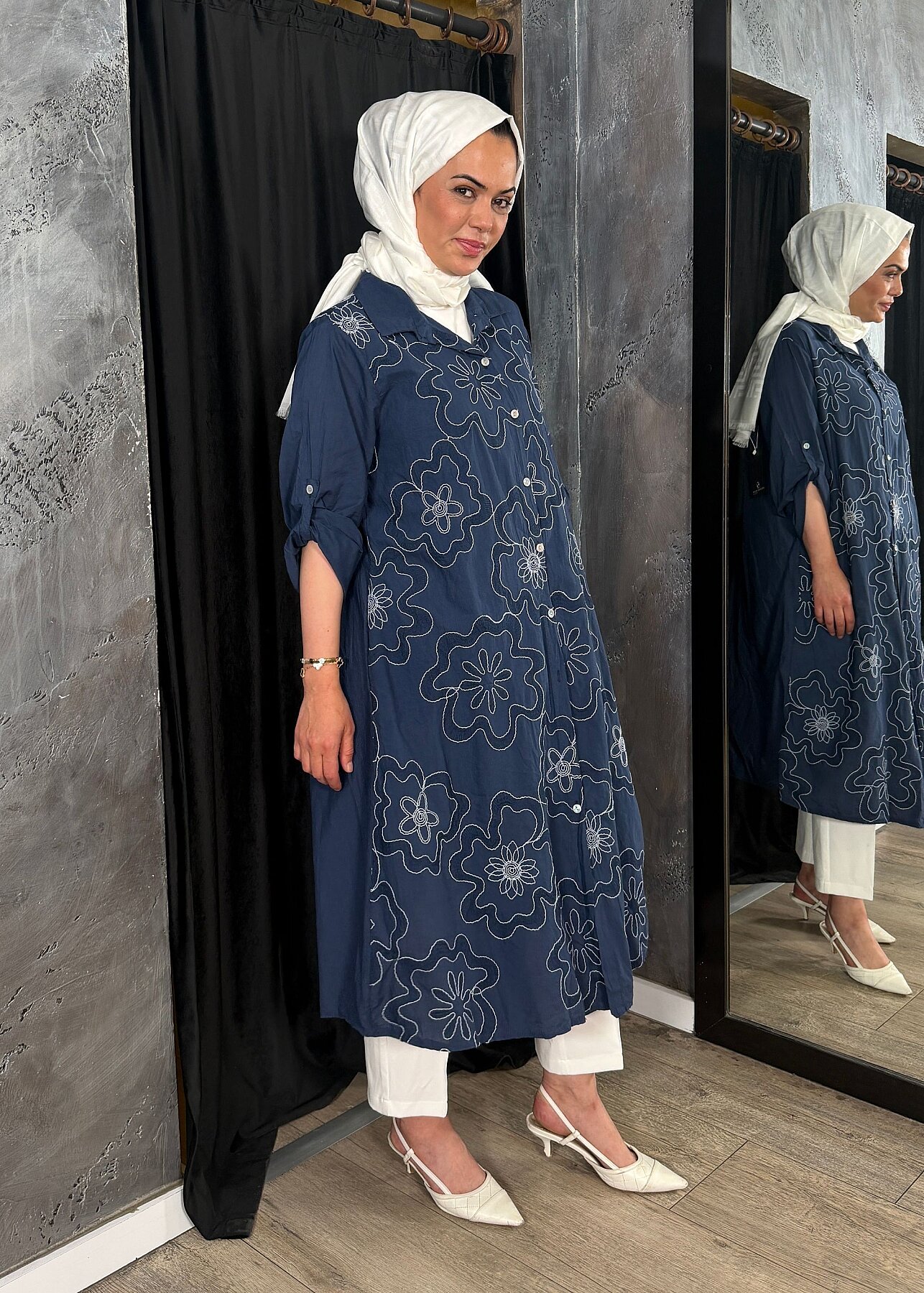 Nazlınur Collection Çiçek İşlemeli Keten Elbise LACİVERT - 10