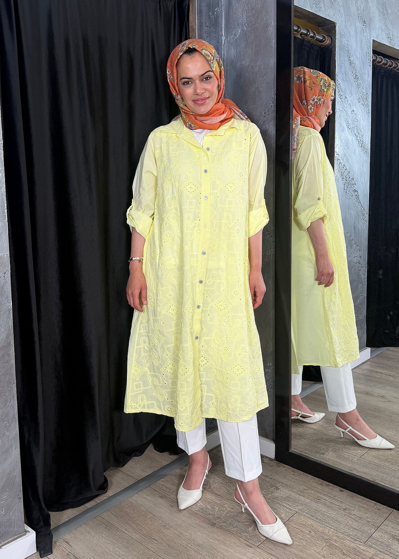 Nazlınur Collection Keten Elbise İşlemeli SARI - 2