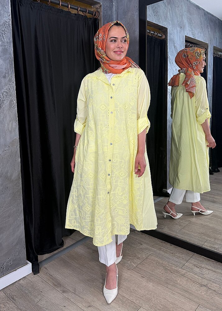 Nazlınur Collection Keten Elbise İşlemeli SARI - 3