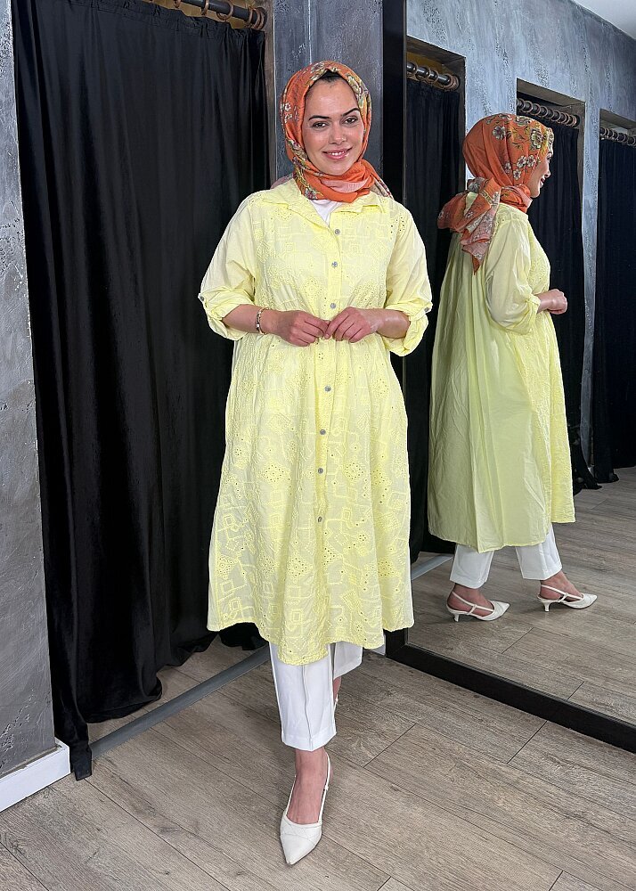 Nazlınur Collection Keten Elbise İşlemeli SARI