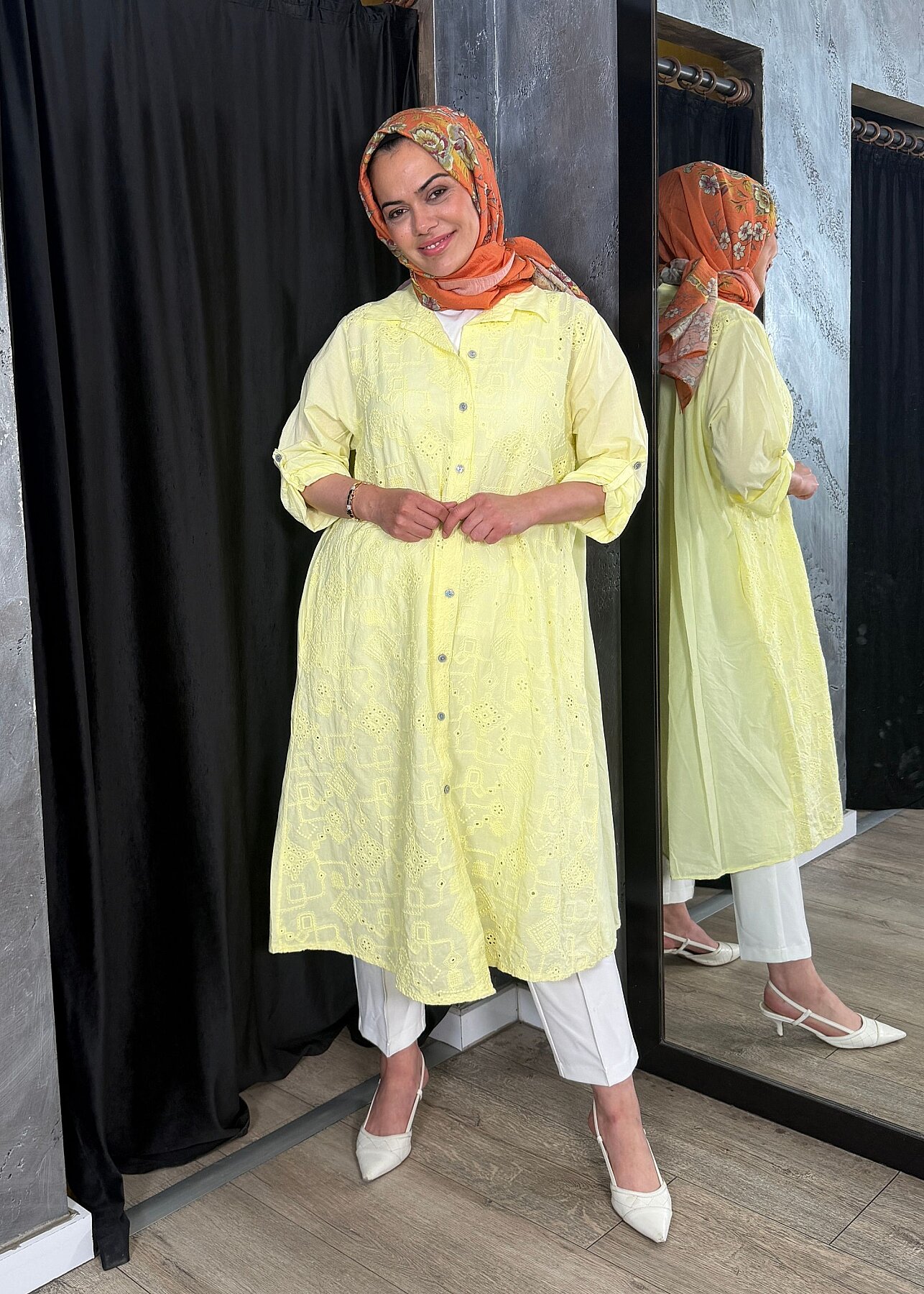 Nazlınur Collection Keten Elbise İşlemeli SARI - 5