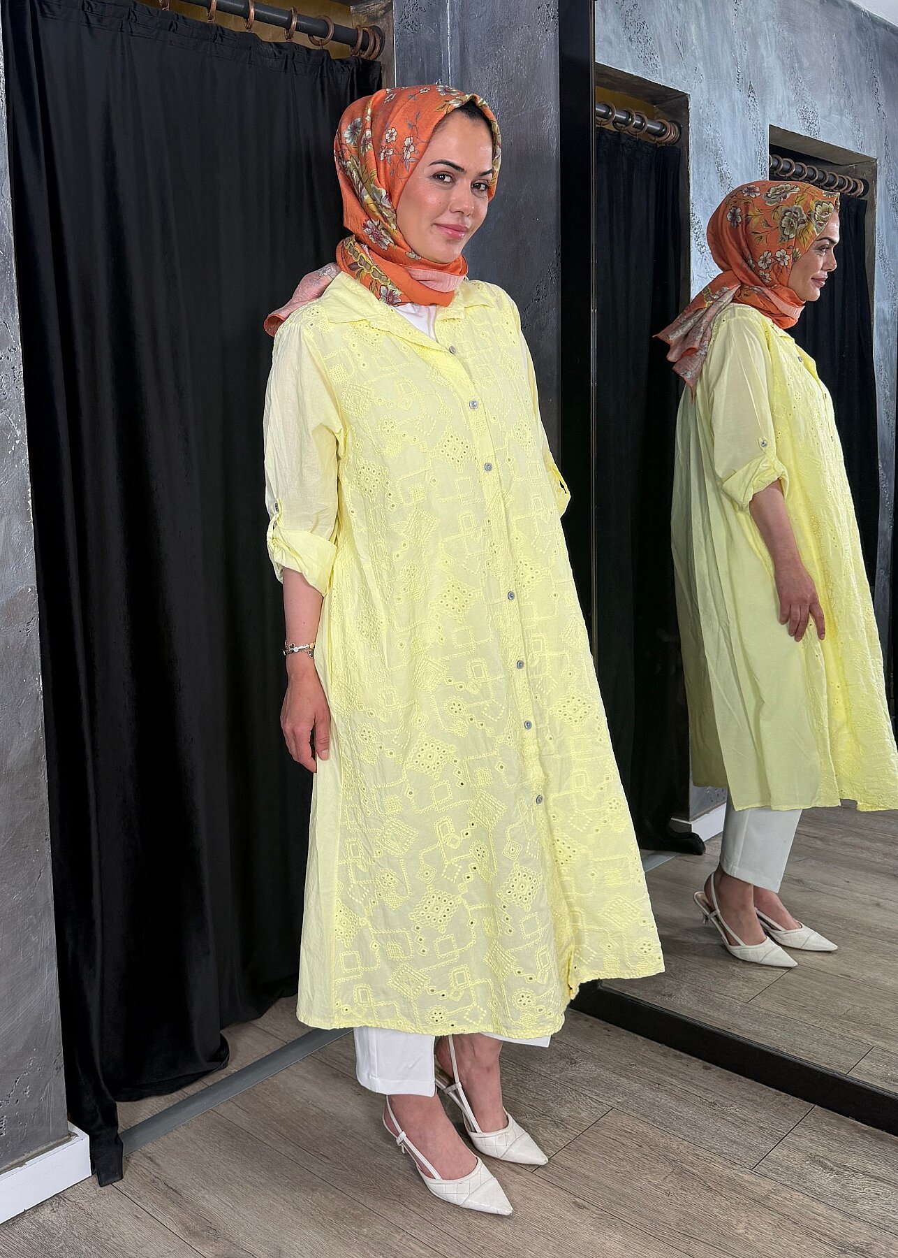Nazlınur Collection Keten Elbise İşlemeli SARI - 6
