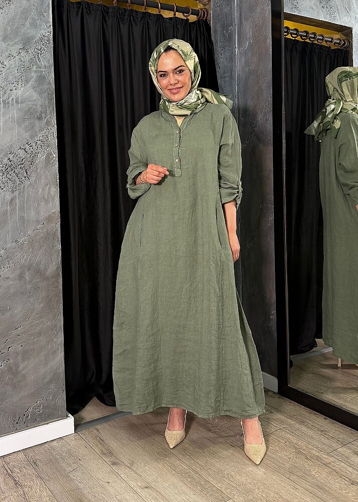 Nazlınur Collection Keten Elbise YEŞİL - 2
