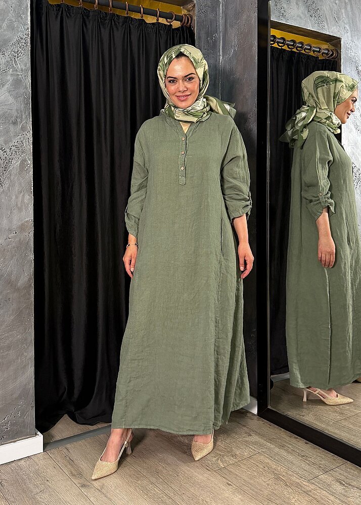 Nazlınur Collection Keten Elbise YEŞİL