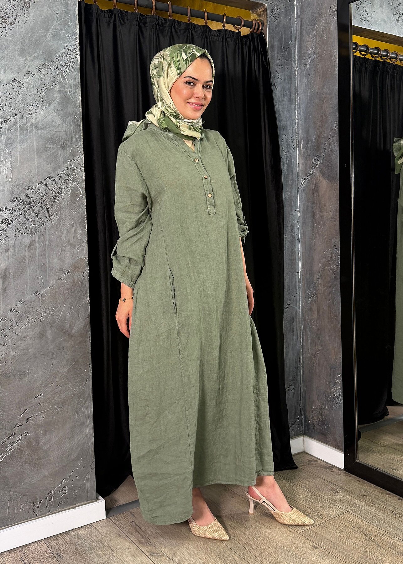 Nazlınur Collection Keten Elbise YEŞİL - 4