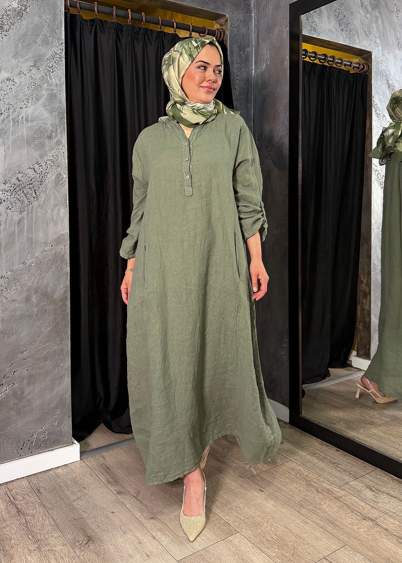 Nazlınur Collection Keten Elbise YEŞİL - 5