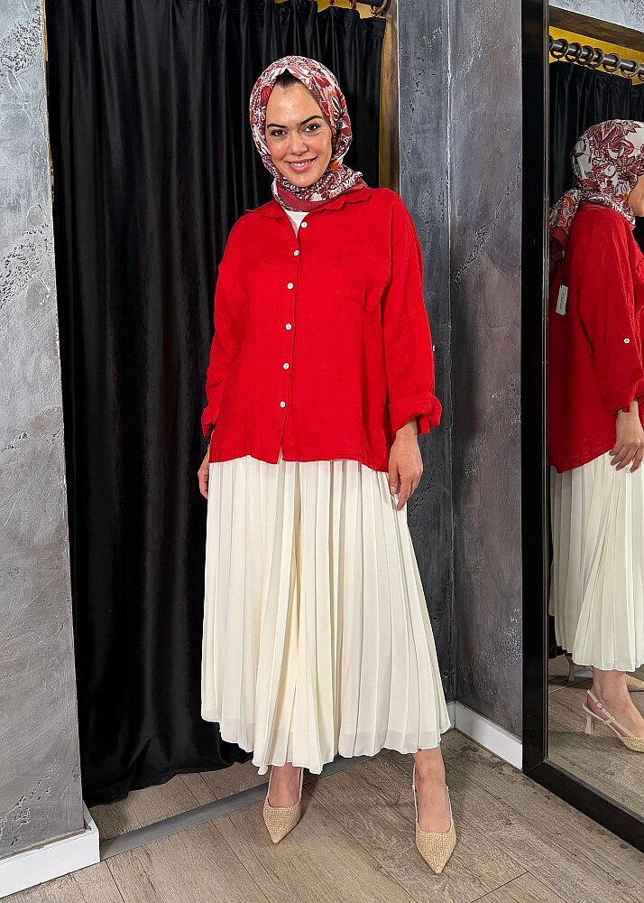 Nazlınur Collection Keten Gömlek KIRMIZI - 3