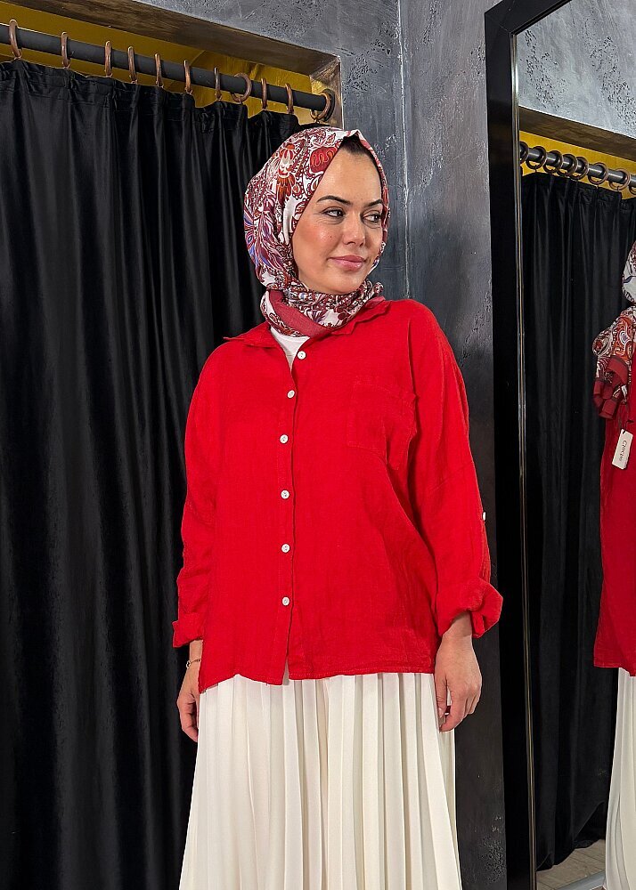 Nazlınur Collection Keten Gömlek KIRMIZI - 4