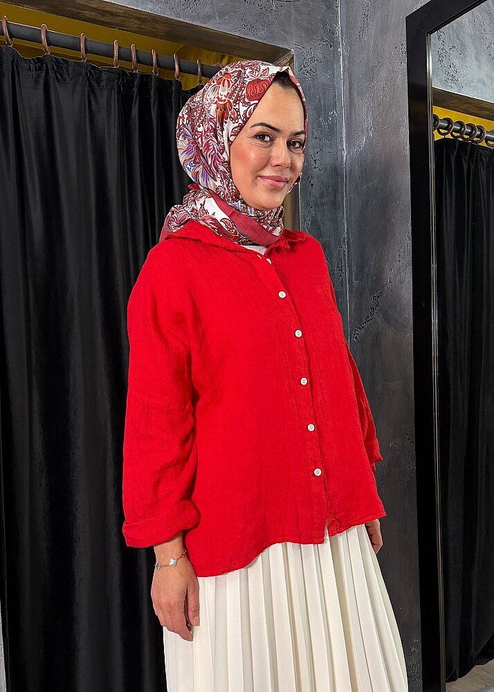 Nazlınur Collection Keten Gömlek KIRMIZI - 5